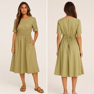 HARSHMAN Alder Midi Dress Sage Green Cotton Adjustable Waist Classic Fit M NEW